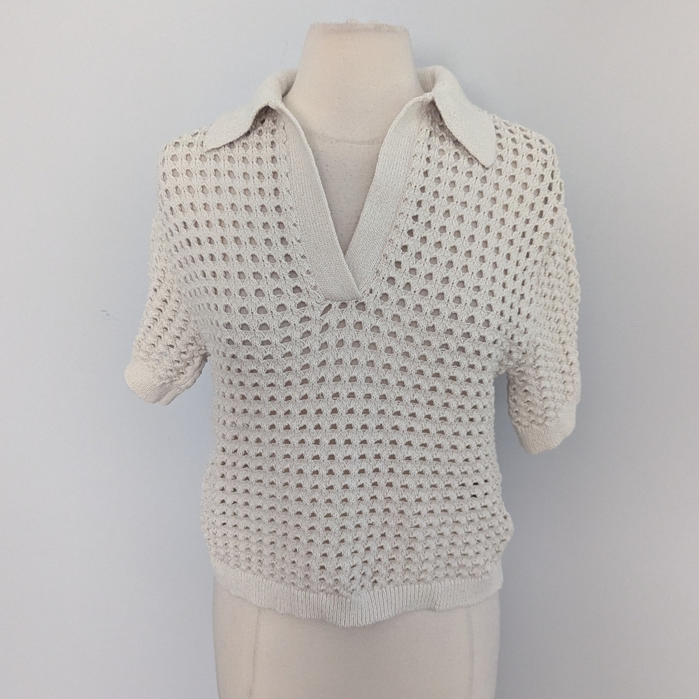 Women's H&M Cream Ecru Wide Knit Chunky Windowpane Sweater Collared XS